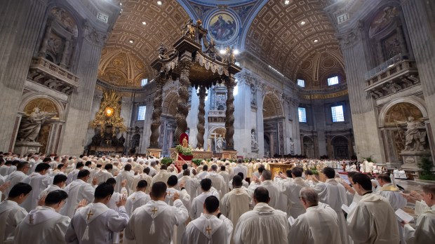 Pope Francis celebrates the Holy Chrism mass on April 05, 2023 in St. Peter's Basilica at The Vatican.