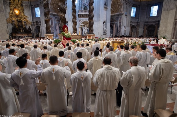 Pope Francis celebrates the Holy Chrism mass on April 05, 2023 in St. Peter's Basilica at The Vatican.