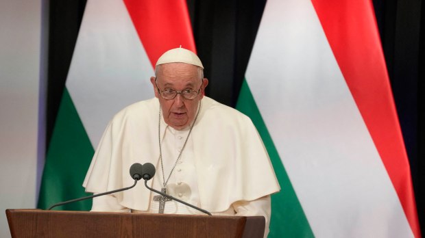 Pope Francis delivers his speech during a meeting with the authorities civil society and the diplomatic corps in the former Carmelite Monastery in Budapest Hungary on April 28 2023