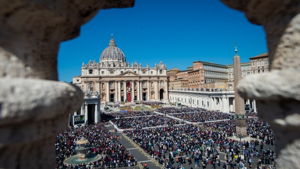 Pope Francis prays at the start of the Easter Sunday mass on April 9, 2023