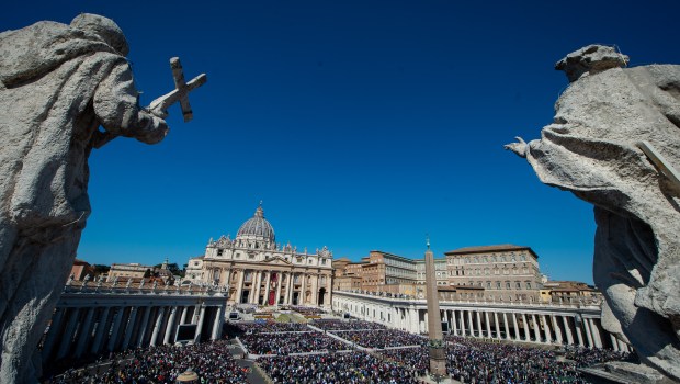 Pope Francis prays at the start of the Easter Sunday mass on April 9, 2023
