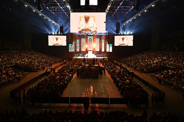 Pope-Francis-meets-with-young-people-at-Papp-Laszlo-Sportarena-during-his-visit-in-Budapest-Hungary-April-29-2023