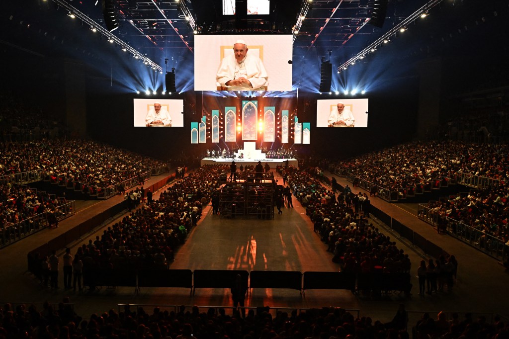 Pope-Francis-meets-with-young-people-at-Papp-Laszlo-Sportarena-during-his-visit-in-Budapest-Hungary-April-29-2023