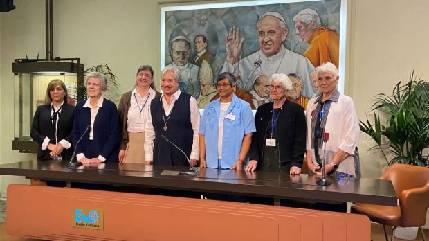 Women leaders from Catholic Extension pose for a photo at a press conference at the Vatican