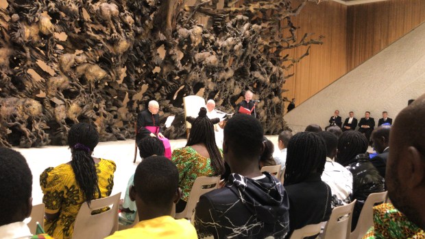 Pope Francis speaks to African children from many countries at an audience at Paul VI Audience Hall