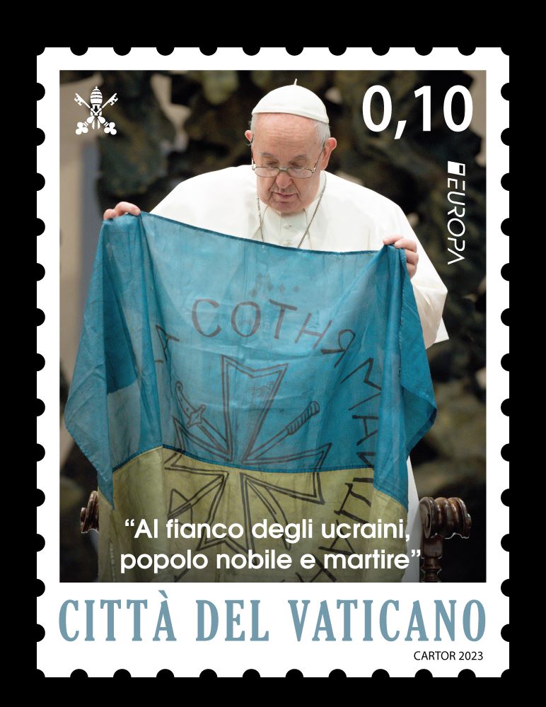 Stamp showing Pope Francis holding a Ukrainian flag during a general audience in April 2022. The flag came from the city of Bucha where many civilians died.