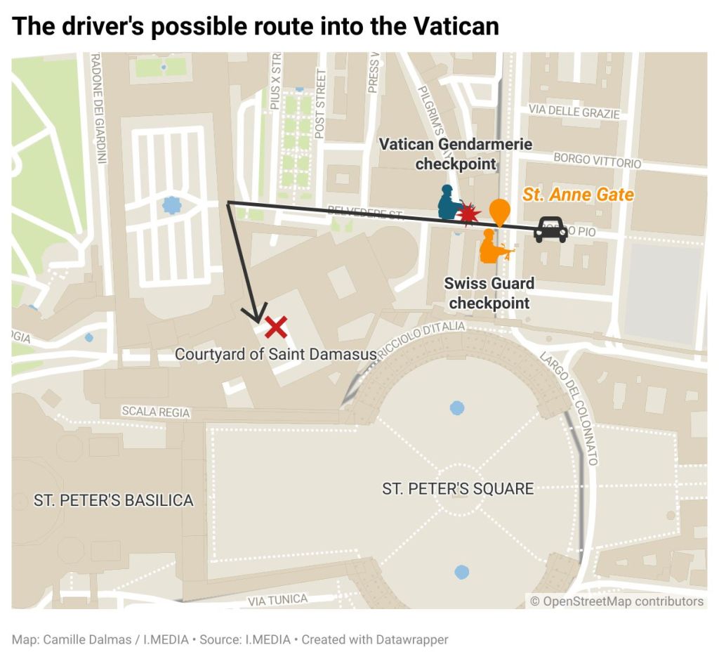 A map showing how a driver could have forced his way into the Vatican City State