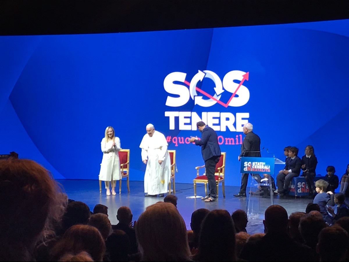 Pope Francis and Italian Prime Minister Giorgia Meloni at a forum on birth rates called the Stati Generali della Natalità
