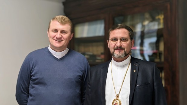 Bishop Mykhaylo Bubniy, right, accompanied by Fr. Mykola Slobodyan.