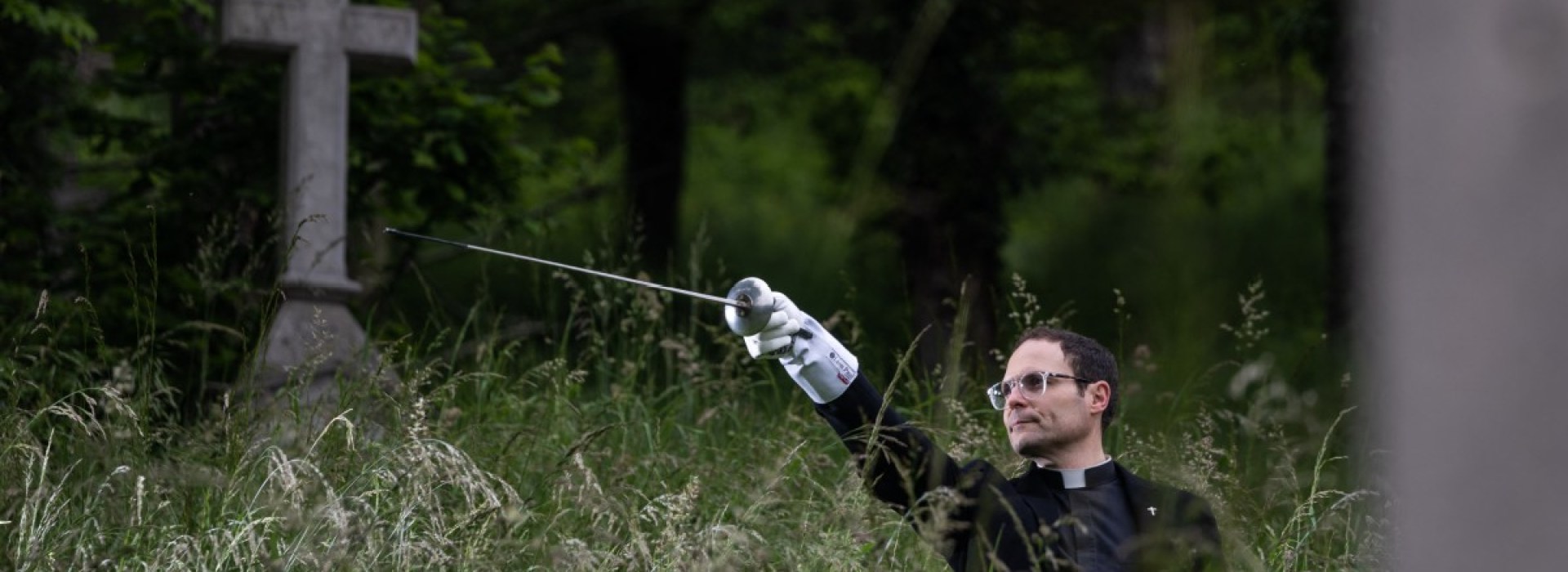 Fr. Franck Ruffiot practicing fencing