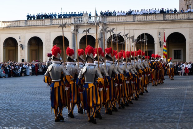 Swiss Guards take part in a swearing-in ceremony in San Damaso Courtyard, Vatican on May 06, 2023