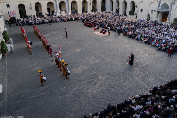 Swiss Guards take part in a swearing-in ceremony in San Damaso Courtyard, Vatican on May 06, 2023