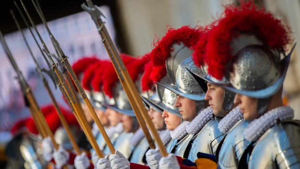 Swiss Guards take part in a swearing-in ceremony in San Damaso Courtyard, Vatican on May 06, 2023