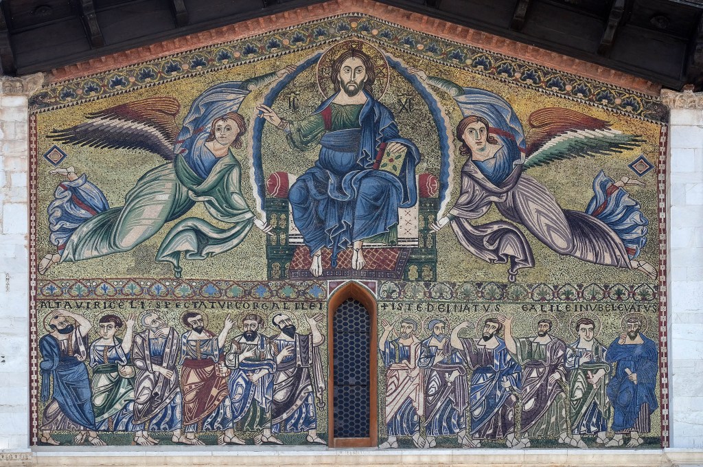 The Ascension of Christ the Saviour with the apostles below, The Romanesque Basilica of San Frediano, Lucca, Tuscany, Italy on June 03, 2017