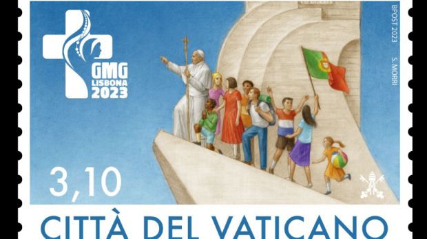 A stamp issued by the Vatican postal and philatelic service in light of the 2023 World Youth Day in Lisbon