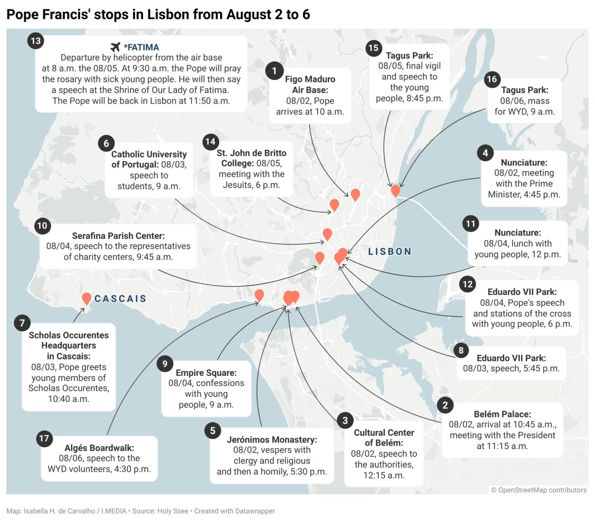 A map showing Pope Francis' stops during his trip to Portugal in August 2023