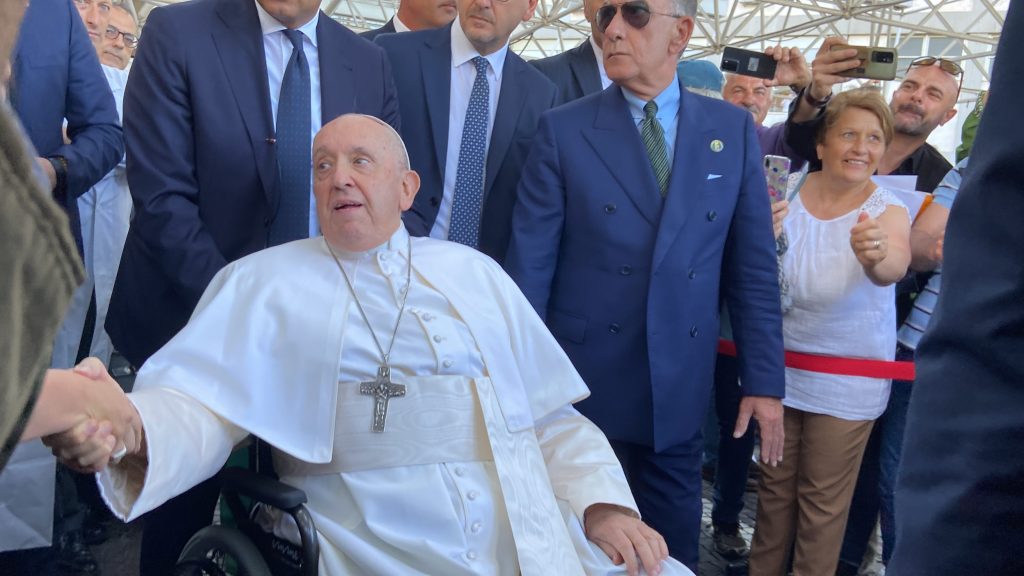 Pope Francis leaving the Gemelli hospital in Rome after ten days of recovery from an operation for an intestinal hernia.