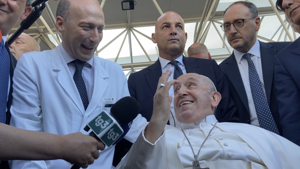 Pope Francis with his surgeon Sergio Alfieri as he leaves the Gemelli hospital in Rome after ten days of recovery from an operation for an intestinal hernia.