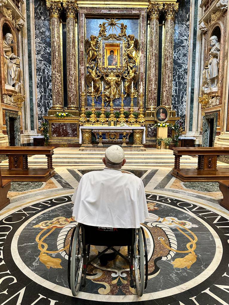 Pope Francis at the Basilica of St. Mary Major on June 16. He visited the Church after leaving the Gemelli Hospital after 10 days of recovery from a surgery for an intestinal hernia.