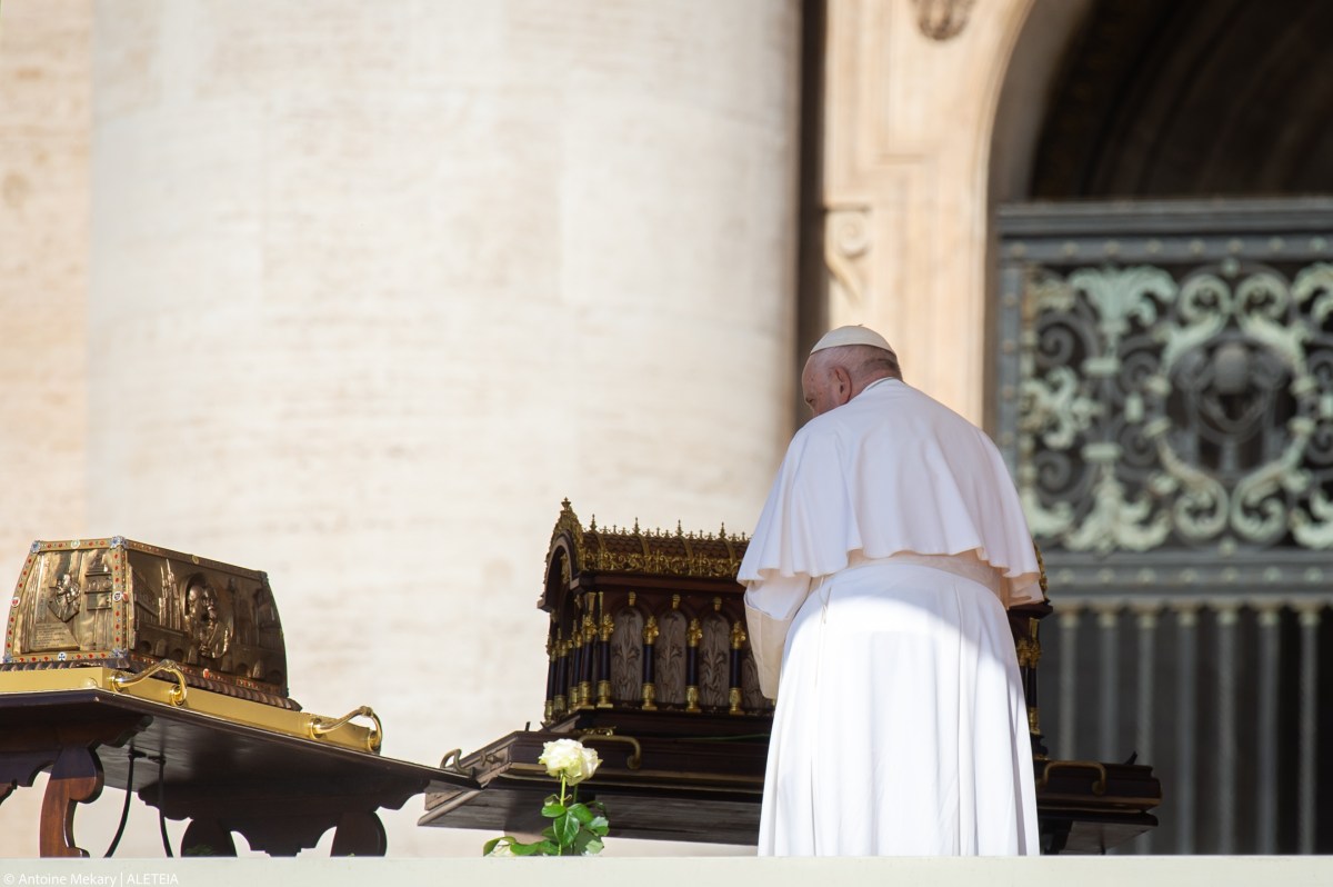 Pope Francis stands by the relics of Saint Therese of Lisieux displayed during the weekly general audience on June 7- 2023