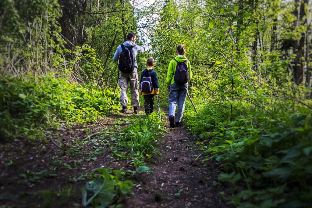 father children hike forest