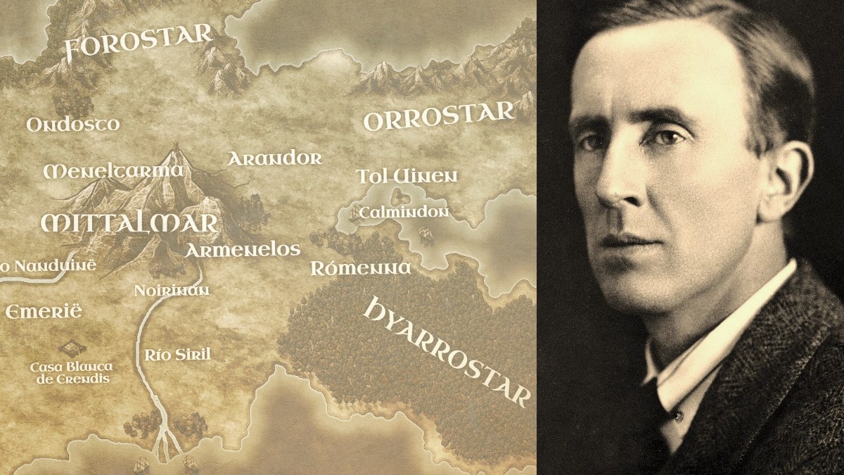 Photo of JRR Tolkien 1920s and a map of Numenor