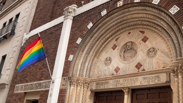 LGBTQ flag on Methodist church