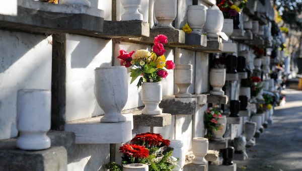 Urns on columbarium in cemetery