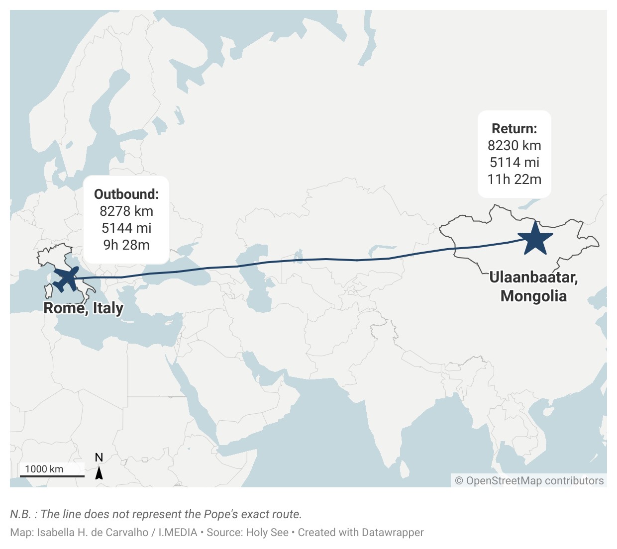 A map showing Pope Francis' journey from Rome, Italy to Ulaanbaatar, Mongolia