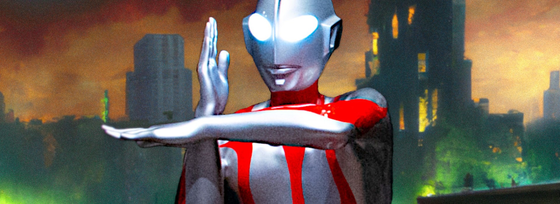 Ultraman poses before ruined city