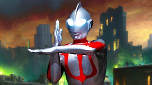 Ultraman poses before ruined city