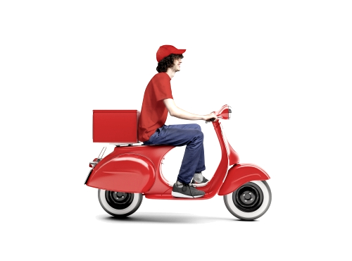 man delivering pizza on scooter
