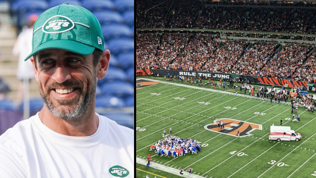 Aaron Rodgers and scene of Damar Hamlin injury on January 2, 2023