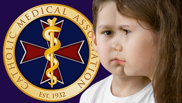 Boy and girl with symbol of Catholic Medical Association