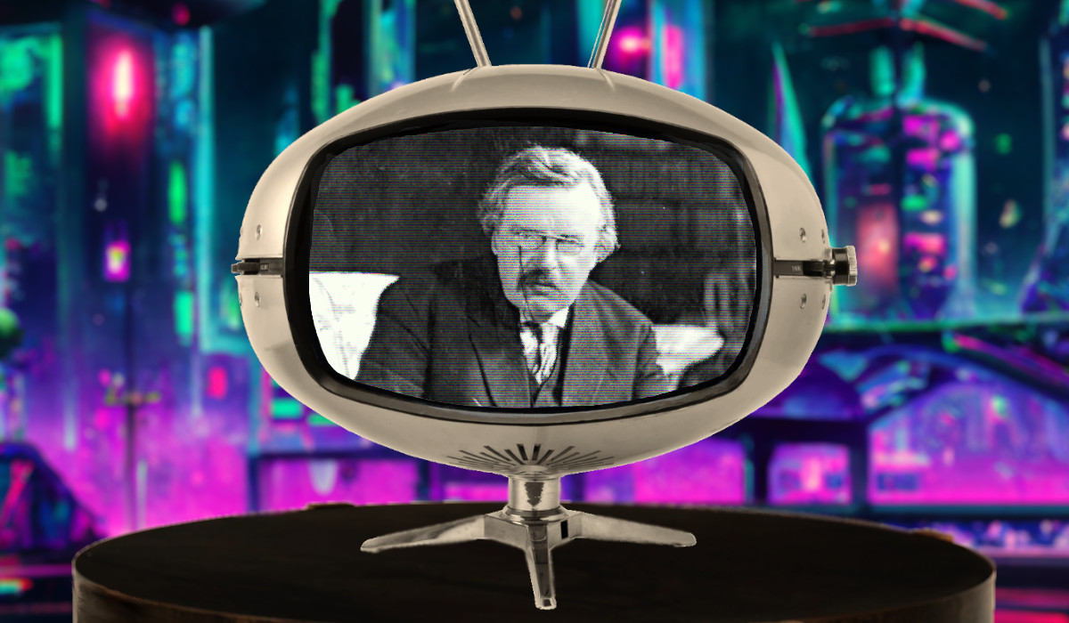 G.K. Chesterton shown on television in a futuristic setting