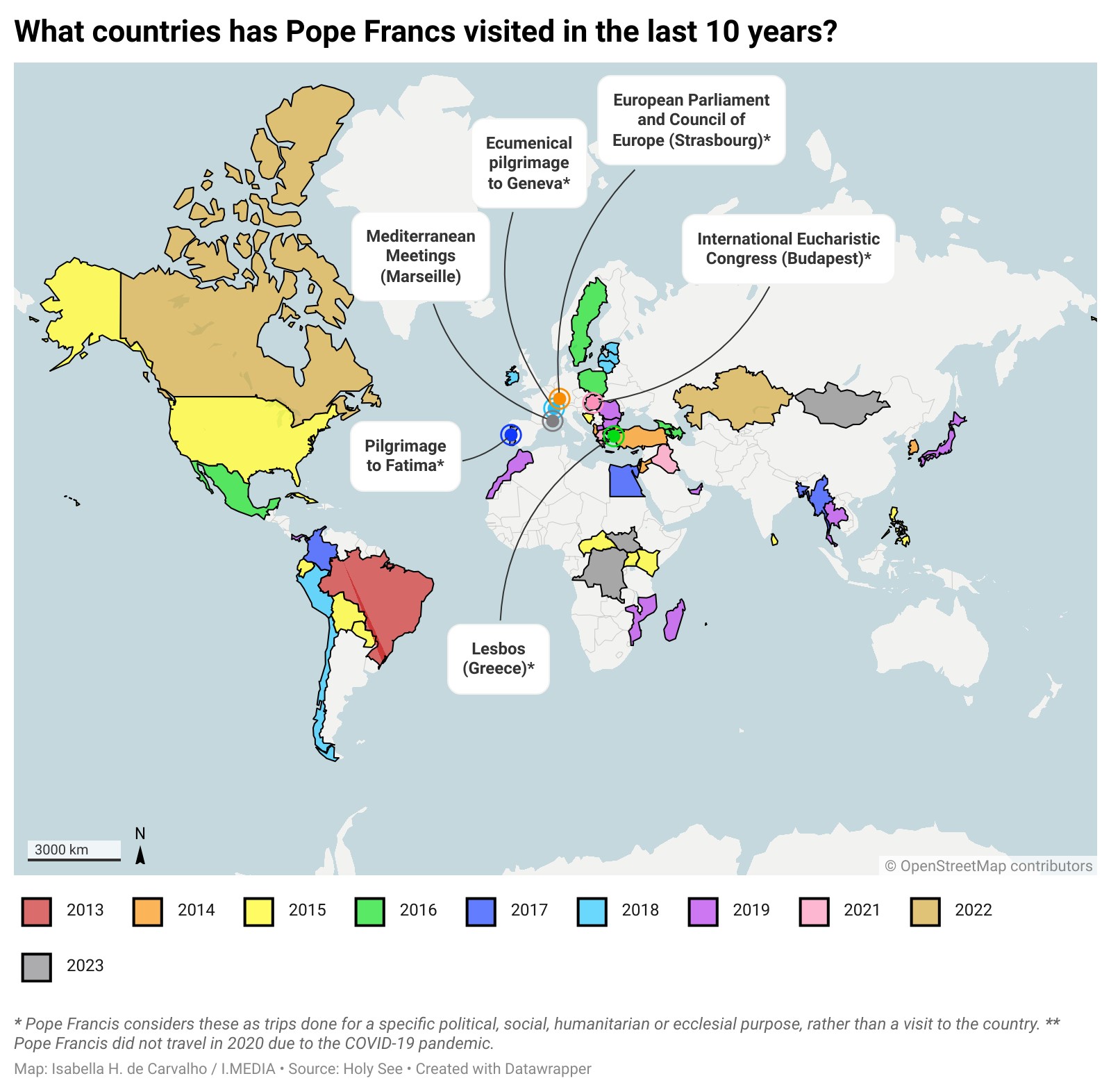 A map showing all the countries Pope Francis has visited throughout his pontificate