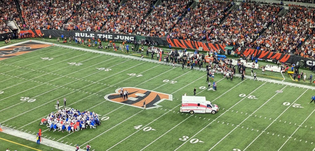 Damar Hamlin is taken off of Paycor Stadium field by ambulance after his injury on January 2, 2023.