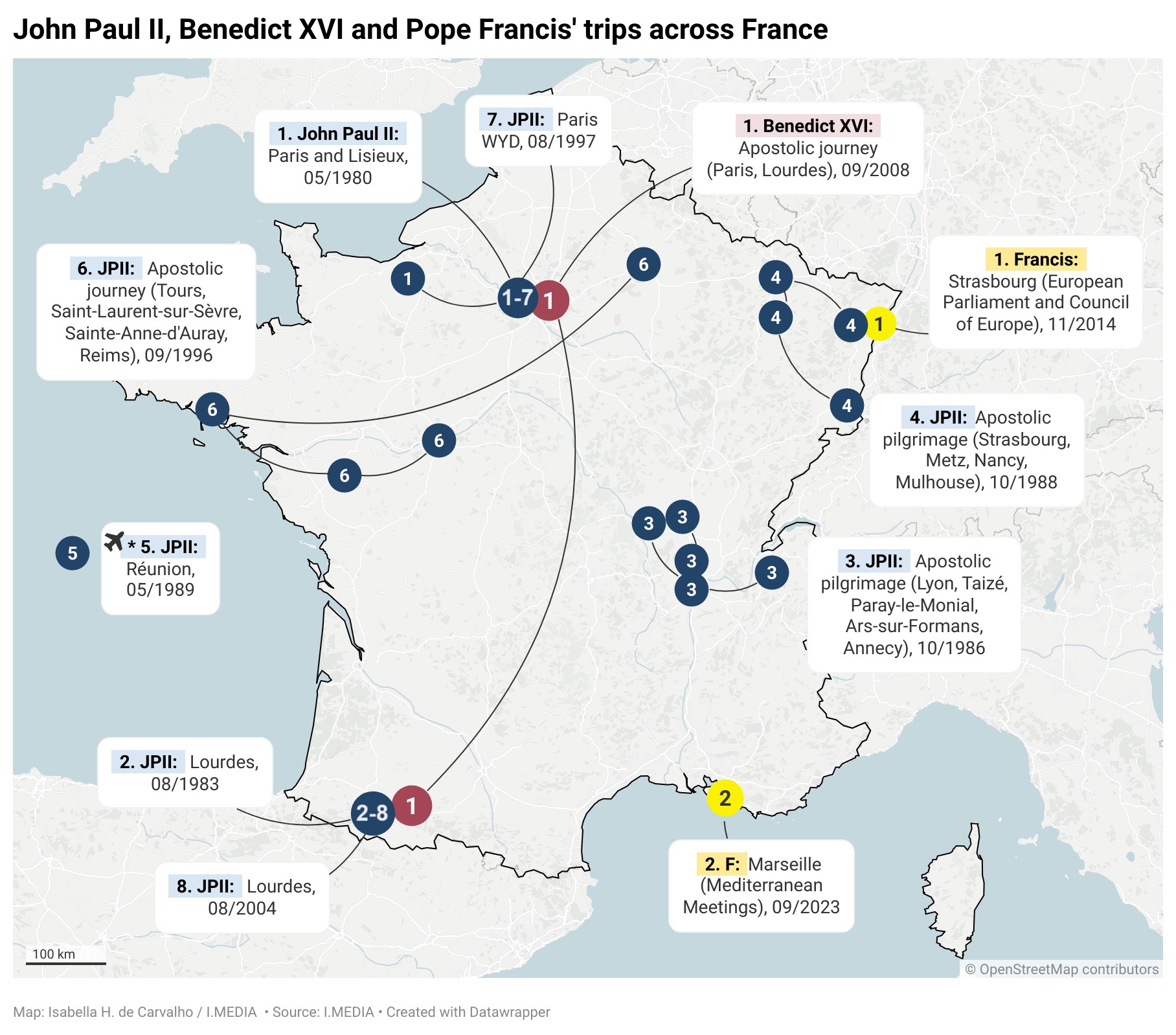 A map showing John Paul II, Benedict XVI and Pope Francis' trips across France