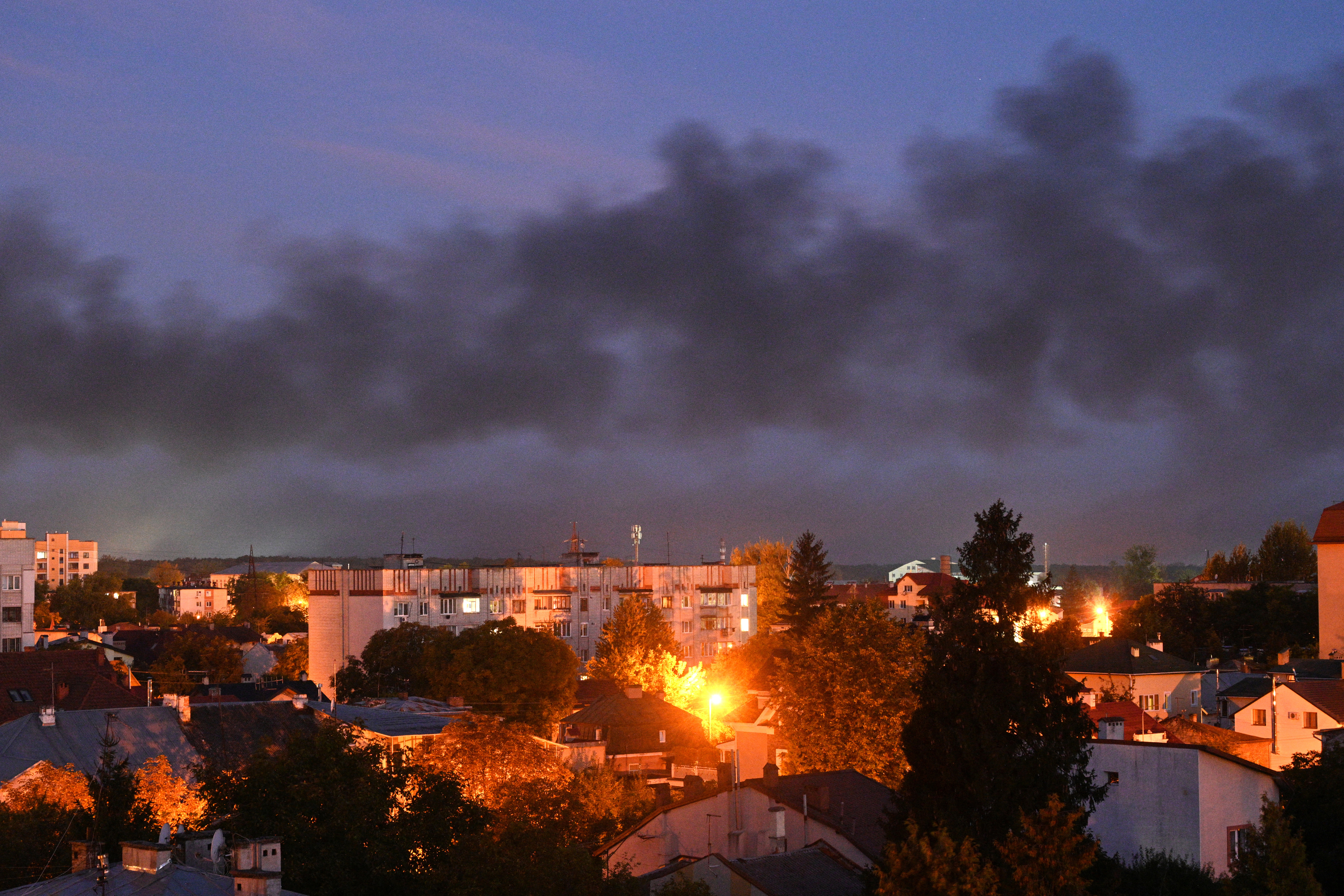 Fires burn in Lviv Ukraine after drone attack