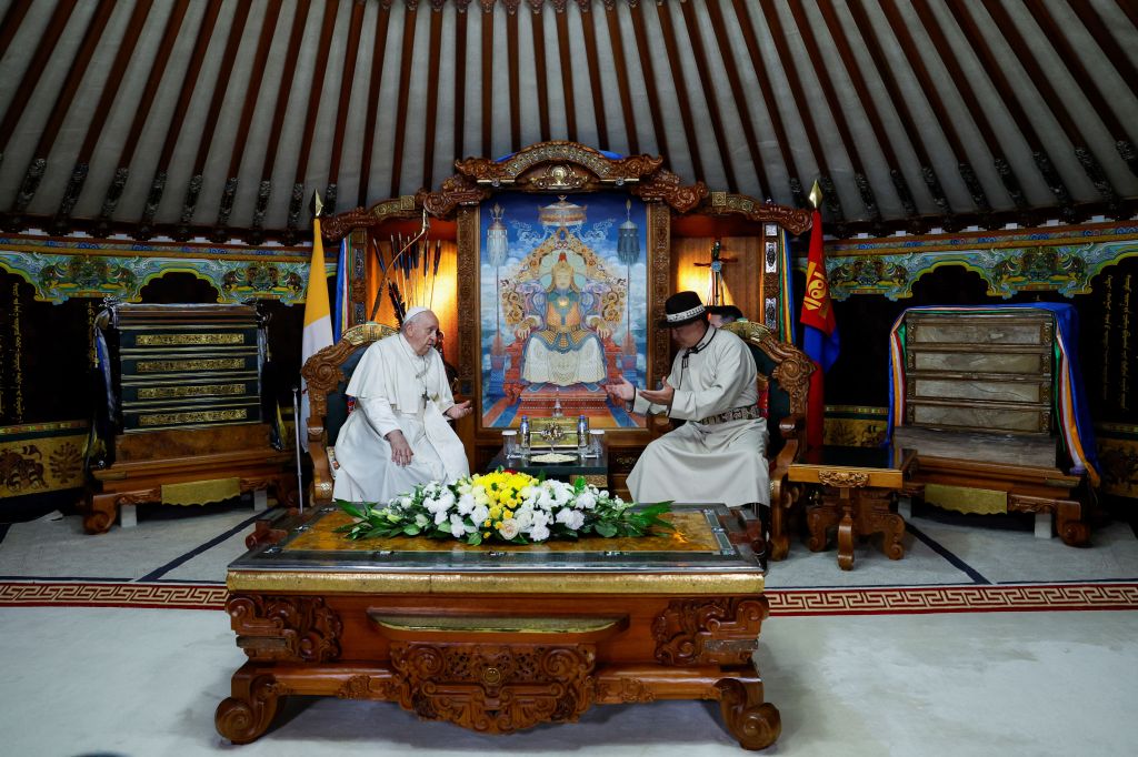 Pope Francis meets with Mongolia's President Ukhnaagiin Khurelsukh during a courtesy visit at the State Palace in Ulaanbaatar