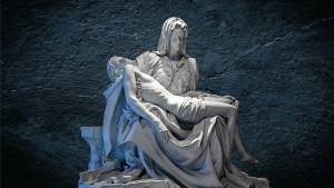 Michelangelo's Pieta against cracked blue wall