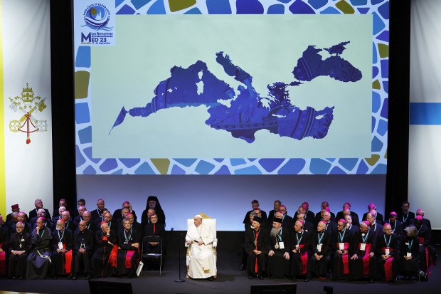 Pope Francis concluding session of the Mediterranean meetings at the Palais du Pharo-Marseille
