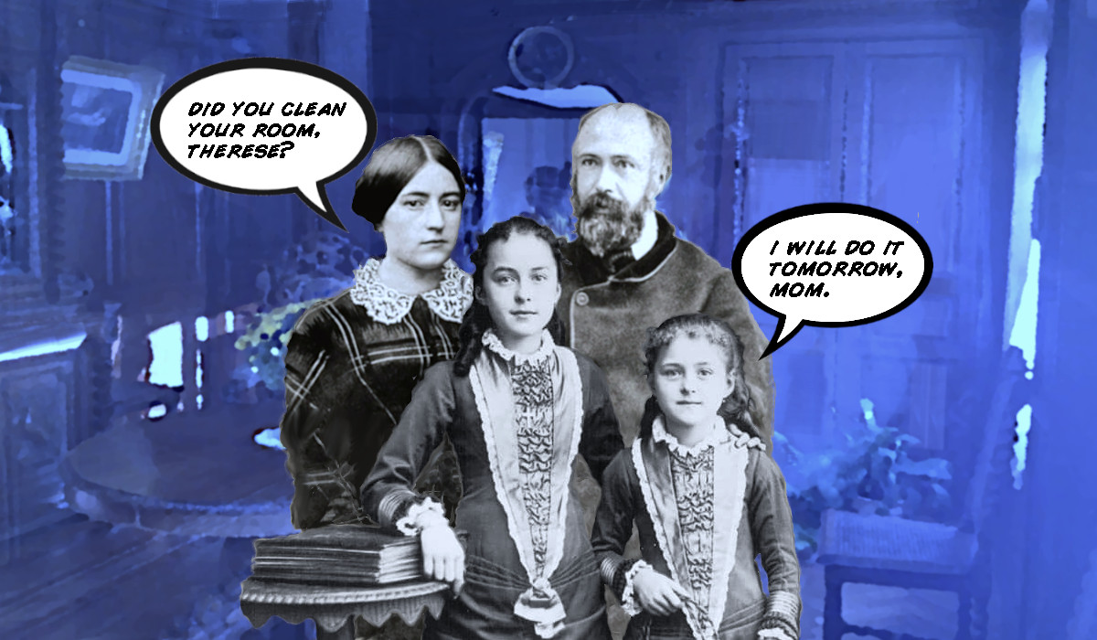 St. Zeilie Martin, St. Louis Martin, Celine Martin, and St. Therese in living room with cartoon captions