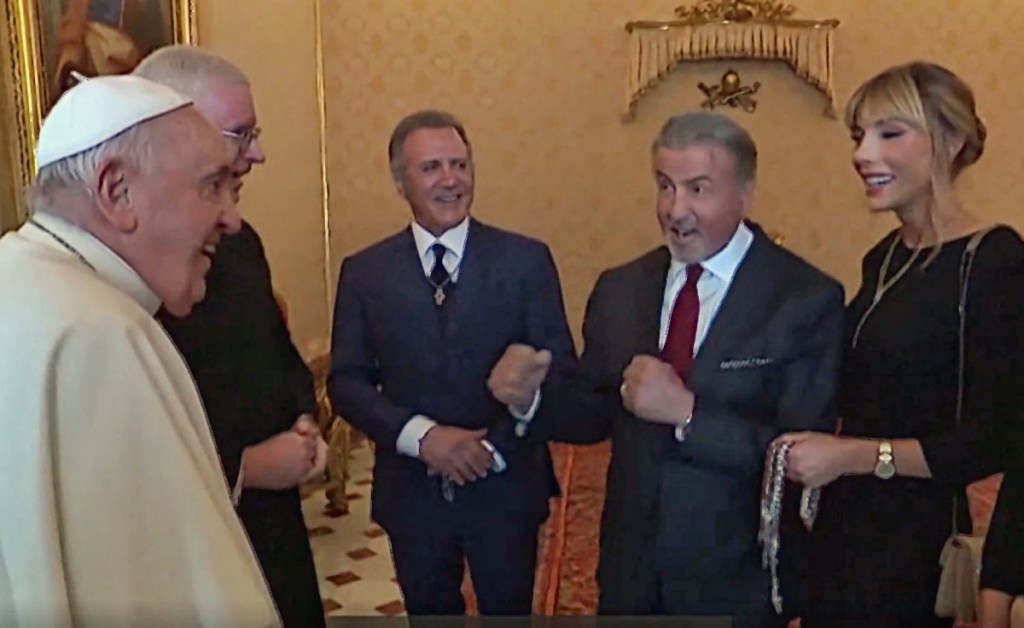 Sylvester Stallone playfully pretends to shadow box with Pope Francis as the pontiff met with his family.