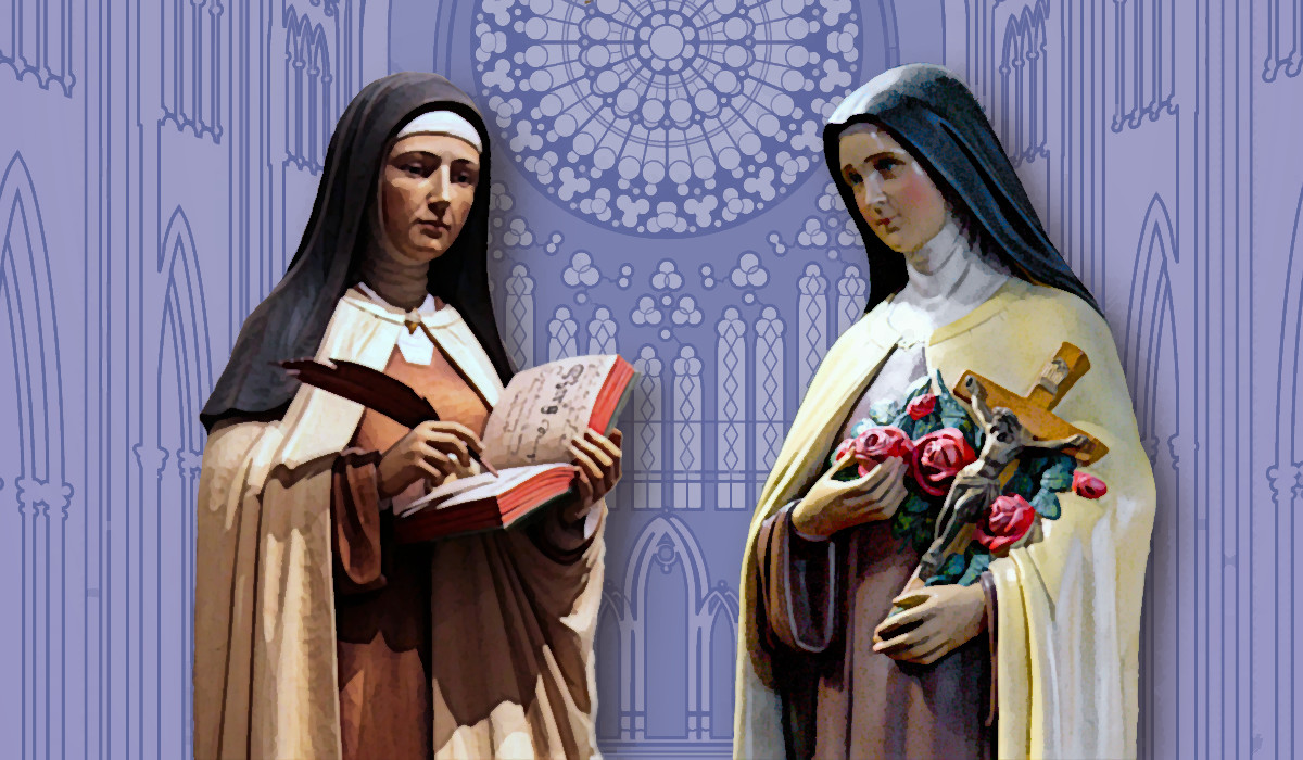 St. Teresa of Avila and St. Therese of Lisieux statues turned into illustration.