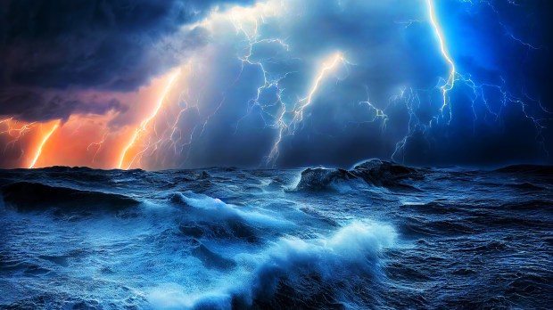 3D Illustration, Digital Art, A storm in the middle of the ocean with extremely agitated big waves and dangerous thunders.