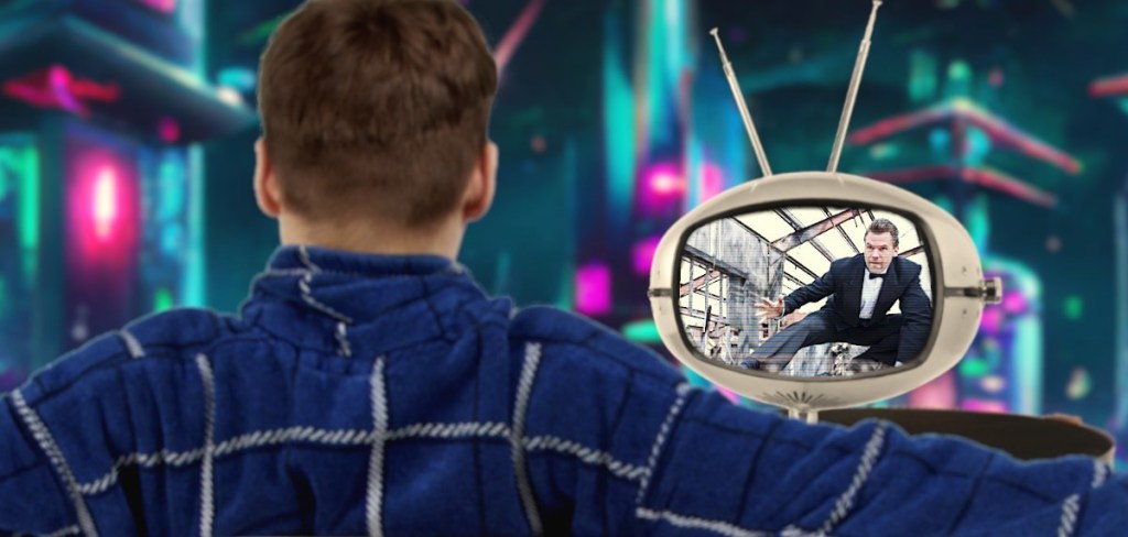 Man watching action show on retro modern TV in futuristic setting