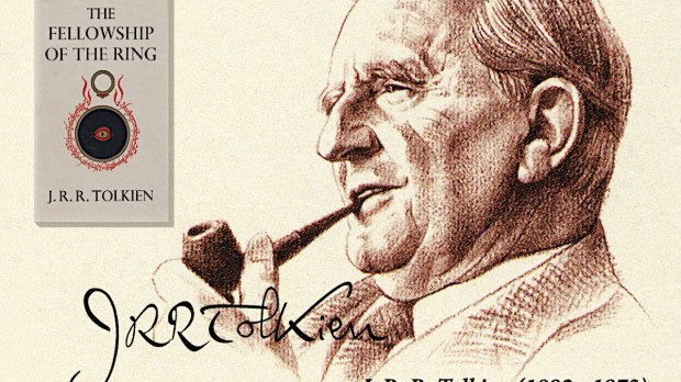 Image of JRR Tolkien postage stamp with image of book The Fellowship of the Ring