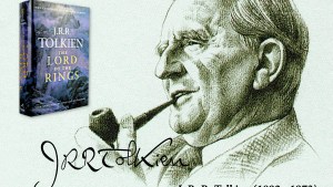 Image of JRR Tolkien postage stamp with image of book The Lord of the Rings 50th anniversary edition
