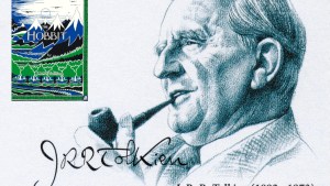 Slika poštanske marke JRR Tolkiena sa slikom knjige Hobit